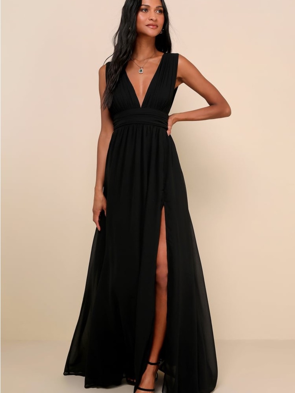 Lulu's Black Plunging V-Neck Maxi Dress with Side Slit